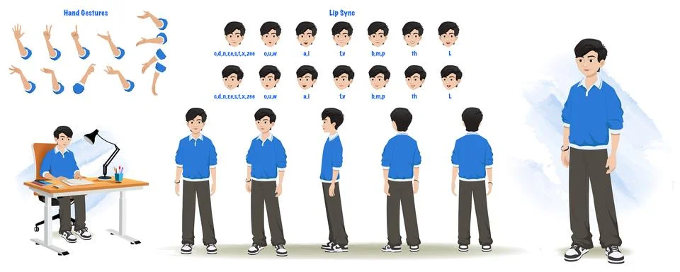 A School boy character model sheet. Student creation set. Male turnaround sheet Stock Illustration
