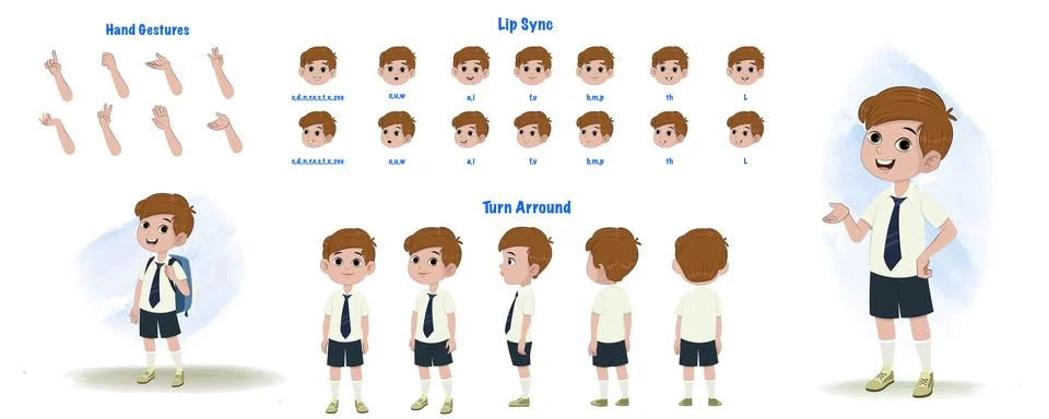 A School boy character model sheet. Student creation set. Male turnaround sheet Stock Illustration