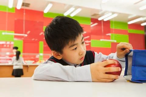 School boy checking lunch bag in school cafeteria Stock Photos