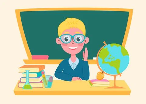 School boy in class with a blackboard, back to school concept, cute character Illustrazione stock