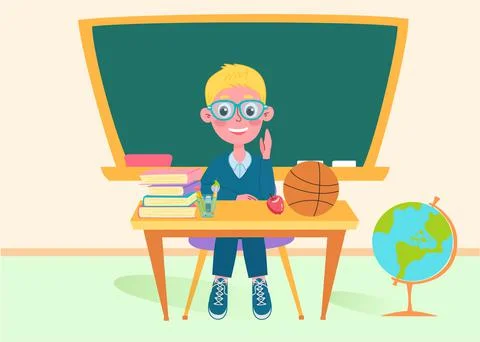 School boy in class with a blackboard, back to school concept, cute character Illustrazione stock