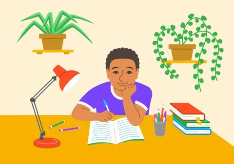 School boy doing homework at the desk Stock Illustration