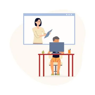 School boy doing homework exercise on online lesson, flat vector illustration. Stockillustratie