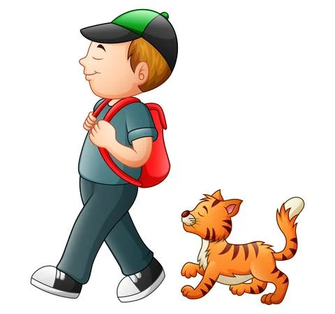School boy going to school with a cat Stock Illustration