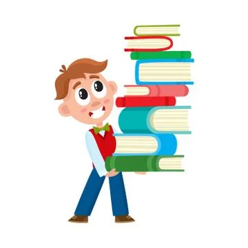 School boy holding huge stack, pile of books Stock Illustration