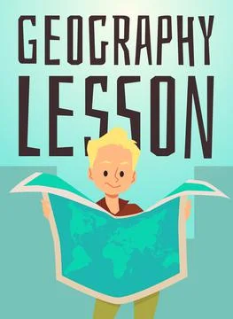 School boy holds world map, geography class poster template - flat vector Illustrazione stock