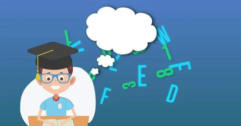 School boy icon against multiple changing numbers and alphabets on blue Stock Illustration