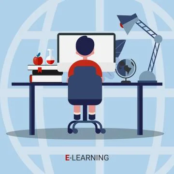 School Boy Learning At Computer Sitting Over Blue Background, Illustration Illustrazione stock