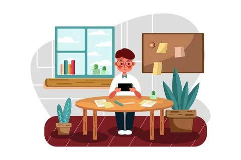 School boy learning online course on mobile 库存插图