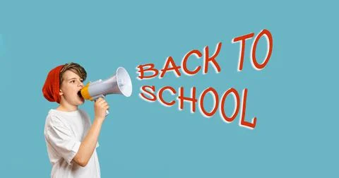 School boy with megaphone. Back to school text Stock Photos