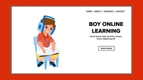 School Boy Online Learning Education Lesson Vector Illustrazione stock
