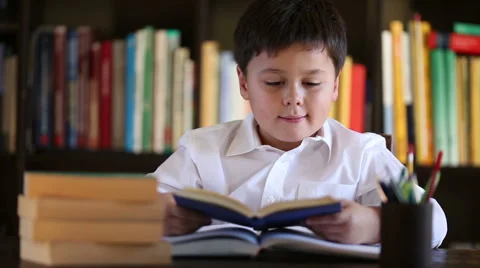 School boy reading and thinking with a smile Stock Footage 46025555