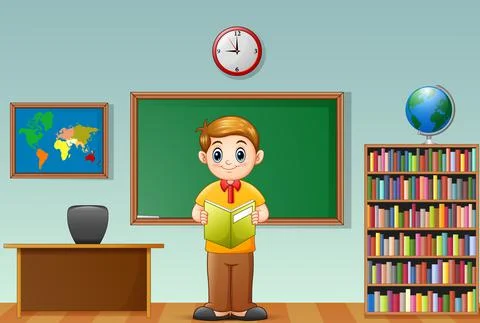 School boy reading a book in classroom Stock Illustration