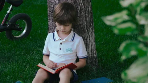 School boy reading a book under a large tree in a park-like setting. 스톡 동영상 136642885