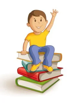 School boy sitting on the book stack. Illustrazione stock