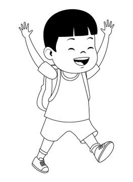 School boy smiling with backpack in black and white Illustrazione stock