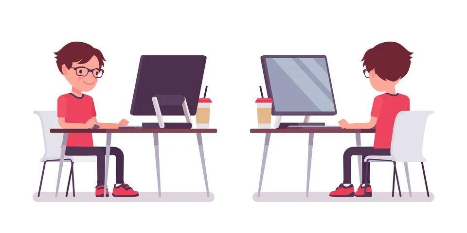 School boy studying at computer Stock Illustration