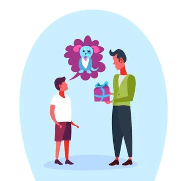 School boy thinking speech bubble dog father presenting gift teenager boy dream 스톡 일러스트