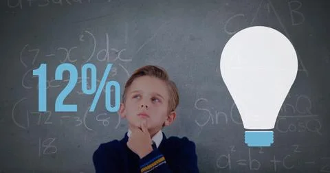 In school, boy in uniform pondering math problem with light bulb graphic 스톡 일러스트