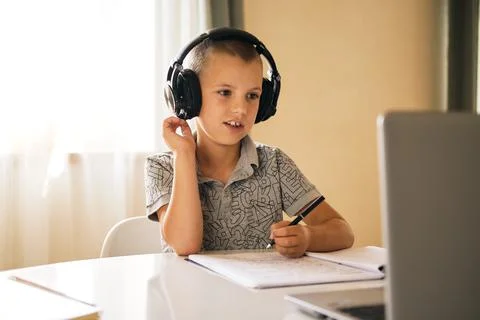 School boy using laptop. Stock Photos