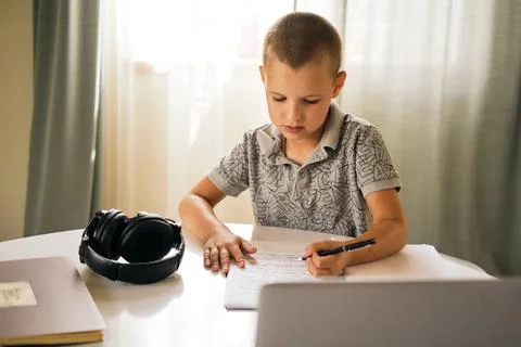 School boy using laptop. Stock Photos