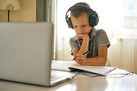 School boy using laptop. Stock Photos