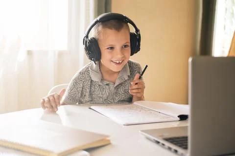 School boy using laptop. Stock Photos