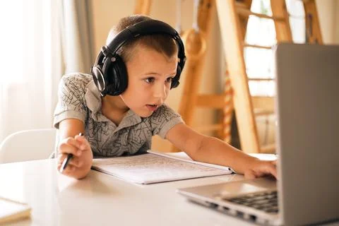 School boy using laptop. Stock Photos