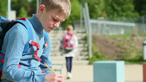 School boy writing in excercise book at schoolyard an waiting for lesson. 4K Video stock 160887420