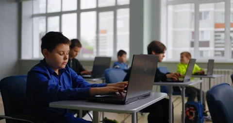 School Boys In Coding Classes, Portrait Of Students Working With Laptops In Stock Footage 280180744