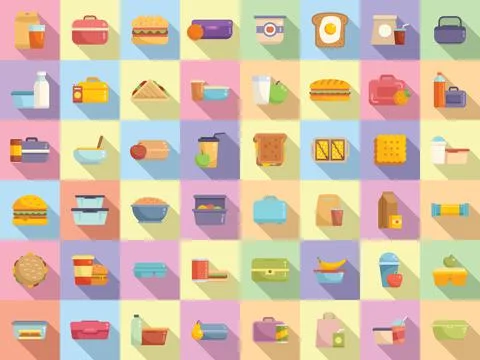 School breakfast icons set flat vector. Lunch bag Stock Illustration