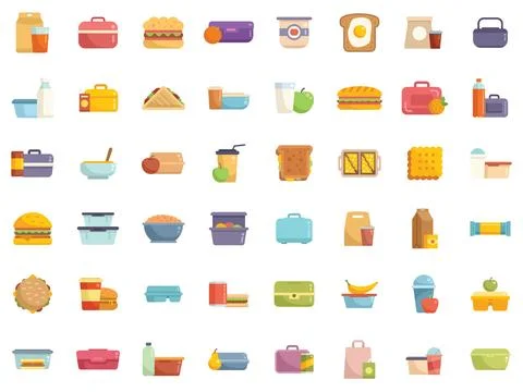 School breakfast icons set flat vector. Lunch bag Stock Illustration