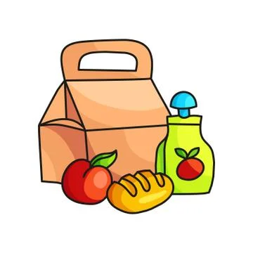 School breakfast in paper package with apple juice and fruit, bread イラスト素材