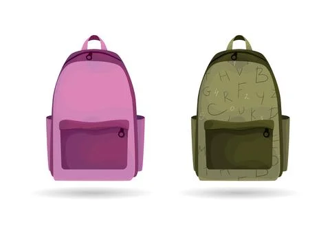 School briefcase vector set. School backpack and collection in pink and green Stock Illustration