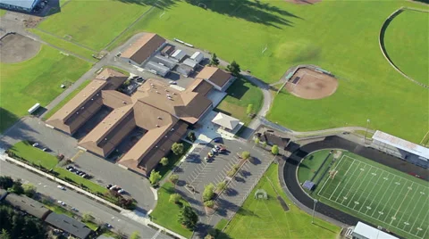 School Building and Athletic Fields Aerial View Stock Footage 34653962