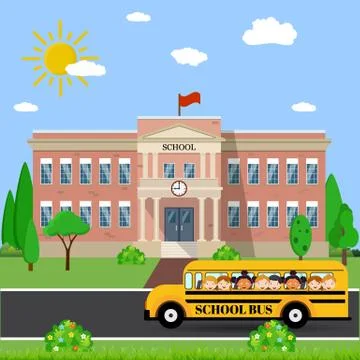 School building and bus Ilustración de archivo