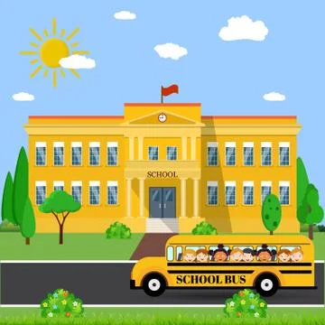 School building and bus Ilustración de archivo