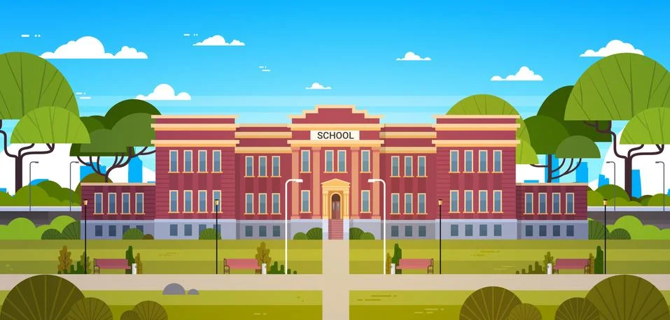 School Building And Empty Front Yard With Green Grass And Trees Landscape 스톡 일러스트