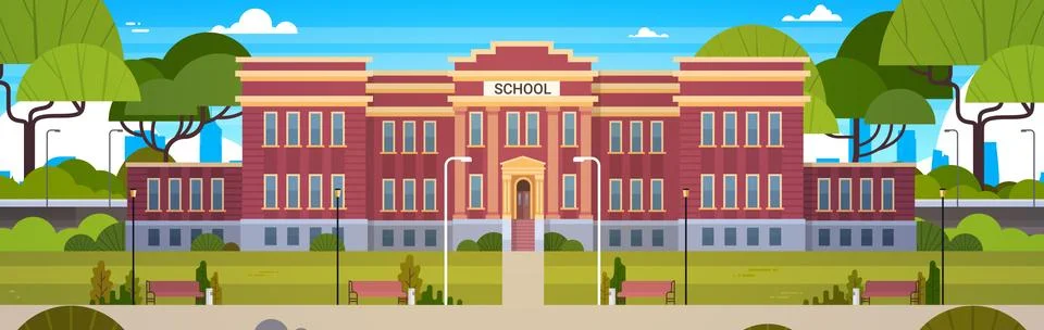 School Building And Empty Front Yard With Green Grass And Trees Landscape Stock Illustration