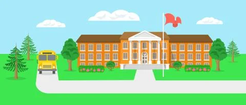 School building and yard flat landscape vector illustration Stock Illustration