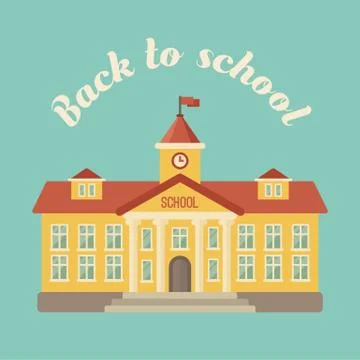 School building on blue background flat illustration. Back to school Ilustración de archivo