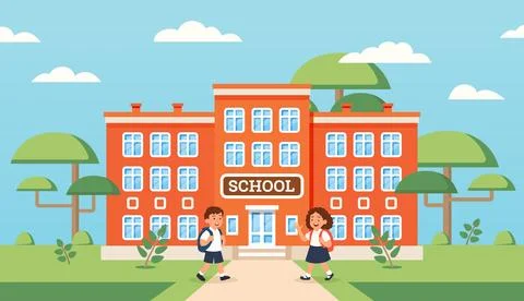 School building with blue sky. Back to school. Minimalistic flat design sty.. Ilustración de archivo