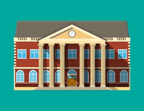 School building. Brick facade with clocks. Stock Illustration