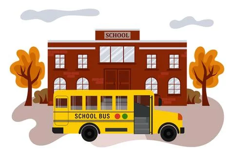 School building, bus and front yard on an autumn day. Stock Illustration