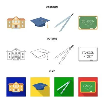 School building, college with windows, a master or applicant hat, compasses for Ilustración de archivo