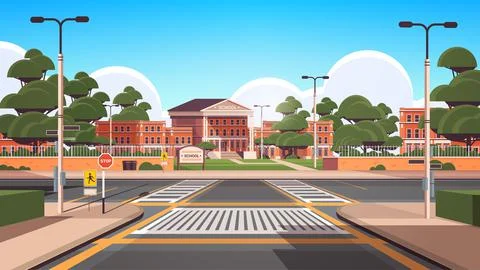 School building empty front yard with green trees road crosswalk summer Ilustración de archivo