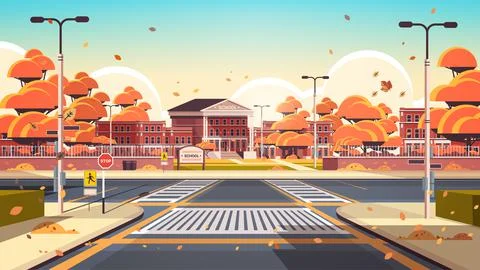 School building empty front yard with road crosswalks autumn cityscape Stock-Illustration
