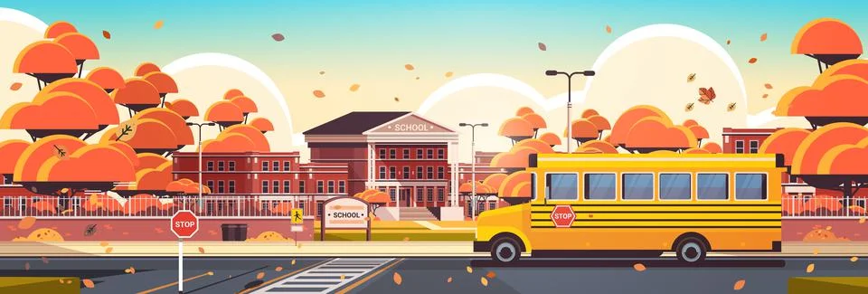 School building empty front yard with trees road crosswalk and school bus autumn Illustrazione stock