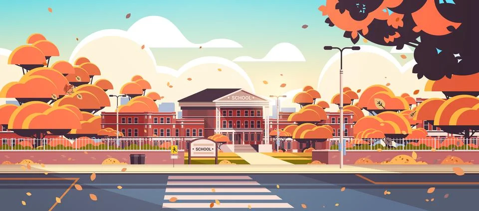 School building empty front yard with road crosswalk autumn cityscape background Ilustración de archivo