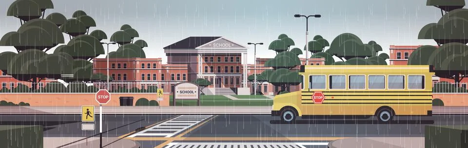 School building empty front yard with trees road crosswalk and school bus Illustrazione stock